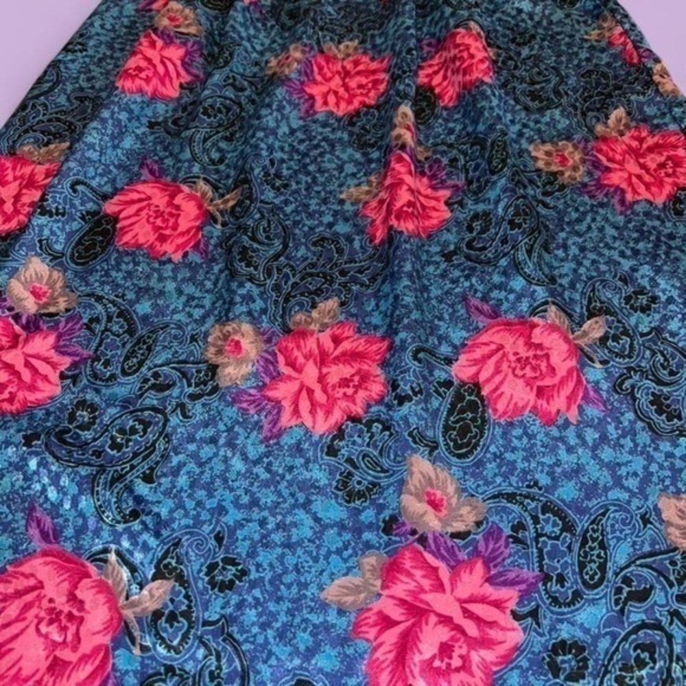 Vintage Teal Blue Pink Floral Paisley Midi Skirt High Waisted A-Line Boho M - Picture 5 of 5